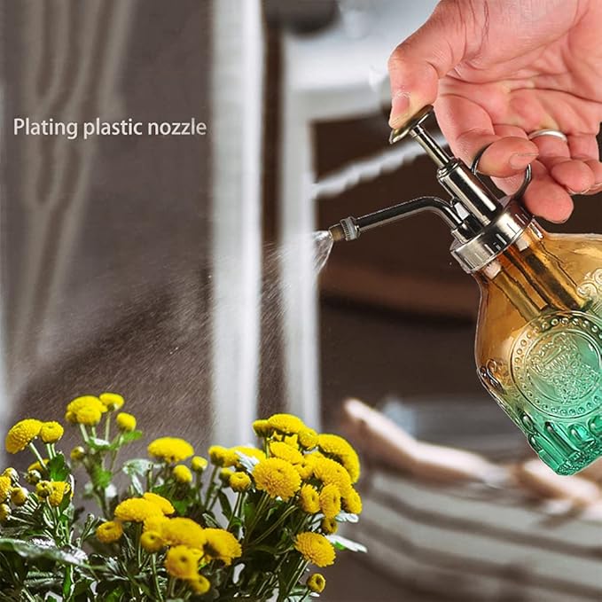 Glass Plant Mister Spray Bottle Indoor Watering Can 6.4inch Tall with Bronze Plastic Top Pump Vintage Small Plant for Outdoor Garden Succulent Flower