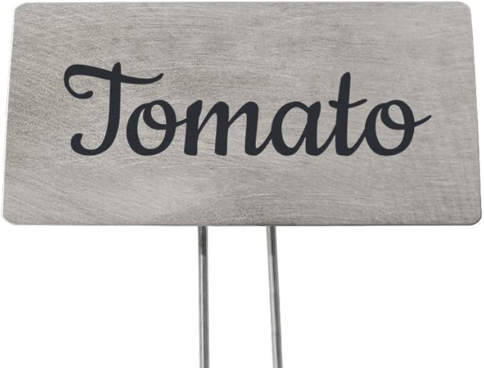 Outdoor Metal Garden Sign, Label, or Memorial. 4 x 2" or 6 x 4" sign with rounded corners and a 10" stake. Materials Include: Stainless Steel, Brass, Copper, Bronze and Titanium. (Titanium, 4 x 2")