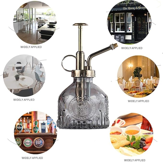 Plant Mister Glass Spray Bottle Small Plant Watering Can 6.4" Tall Retro Indoor Watering Can Bronze Plastic Top Pump for Garden Indoor Plant Sprayer (Grey)