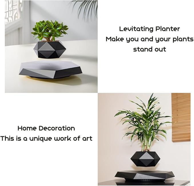 MOOCCI Levitating Plant Pot Floating Plant Potted Plant, Air Bonsai and Artificial Plants, Home Office Desk Decor, Gift for Easter, Mother's, Father's Day（Black