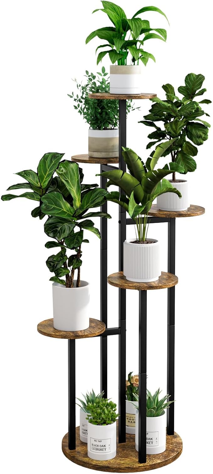 INGIORDAR Plant Stand Indoor Outdoor Corner Plant Shelf for Multiple Flower Pots Flower Stand Holder for Patio Garden Balcony Living Room (Black+Rustic Brown, 6 Tier)