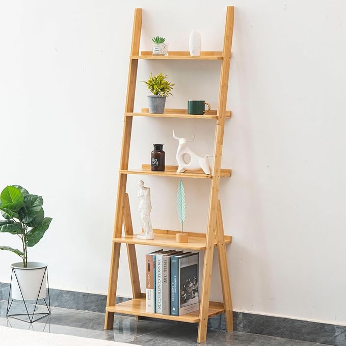 Maydear Bamboo Ladder Shelf Bookcase, 5-Tier Leaning Bookshelf Free Standing Organizer Storage Shelves for Living Room, Bedroom, Kitchen, Home Office, Balcony, Natural Wood | Bookcase, Living Room, Bedroom, Kitchen, Home Office