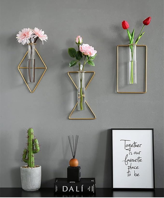 2 Pack Nordic Wall Vase Hanging Geometric Gold Flower Vase Wall Mount Metal Frame Vases Hydroponic Glass Bud Vase Decor for Home Wedding Farmhouse