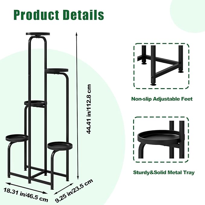 INGIORDAR Plant Stand Indoor Outdoor 5 Tier Metal Plant Shelf for Multiple Plants Corner Flower Holders for Living Room Balcony Bedroom Patio Garden, Black (Black, 5-Tier)