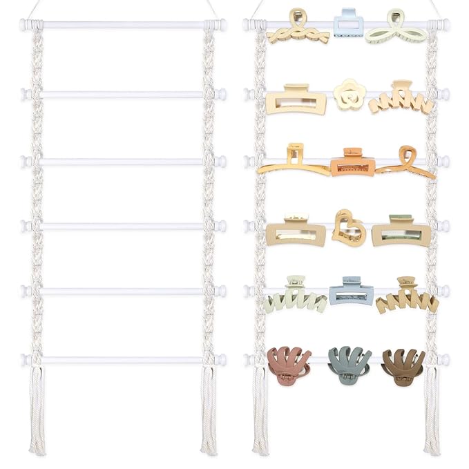 SNOWSTAR Macrame Hair Claw Clip Organizer,White Hanging Hair Clip Holder and Storage for Women Girls,Claw Clip Hanger Home Decor for Wall,Door,Closet