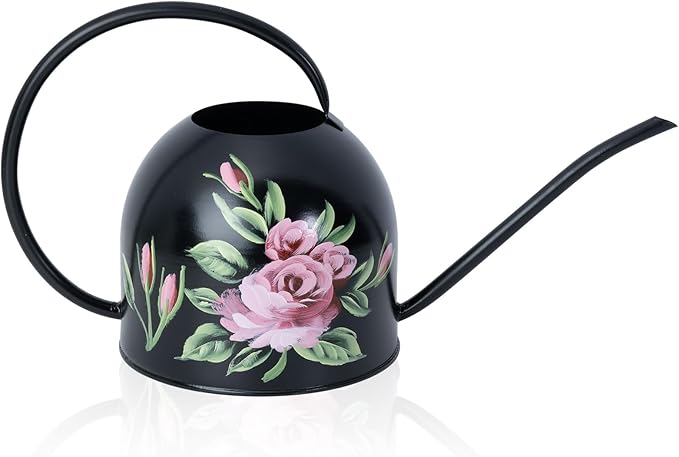 MOYEE Small Black Metal Long Spout Watering Can Outdoor Indoor Spray Bottle for Plants Hand Drawn Patterns,1/2 Gallon Plant Mister Durable Metal Structure Lawn Garden Watering Equipment
