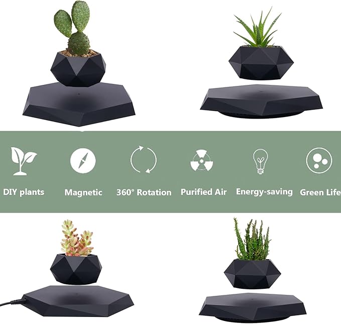 Floating Plant Pot for Small Plants, Magnetic Levitating Flower Pot Planter for Office Home Decoration, Black Hexagon Suspension Rotating Air Bonsai Planter Flower Pot