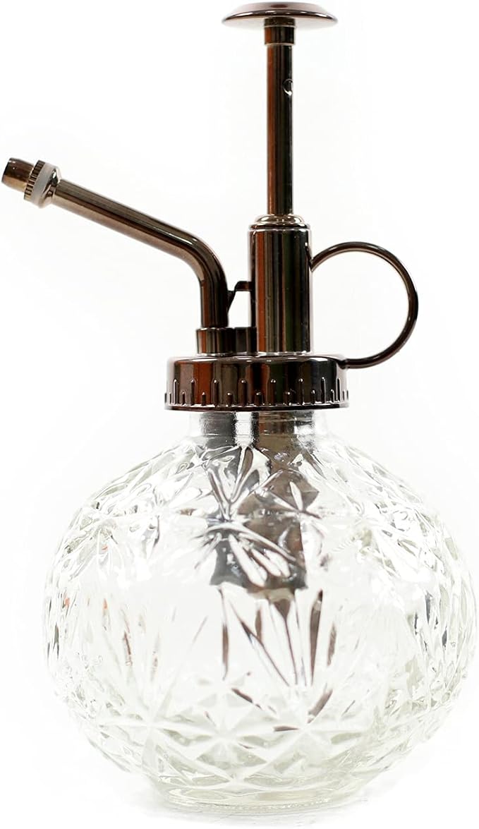 Hniuyun Glass Plant Mister Spray Bottle, 6.5inch Tall Vintage Round Spritzer with Bronze Plastic Top Pump for Watering Your Garden (Clear)