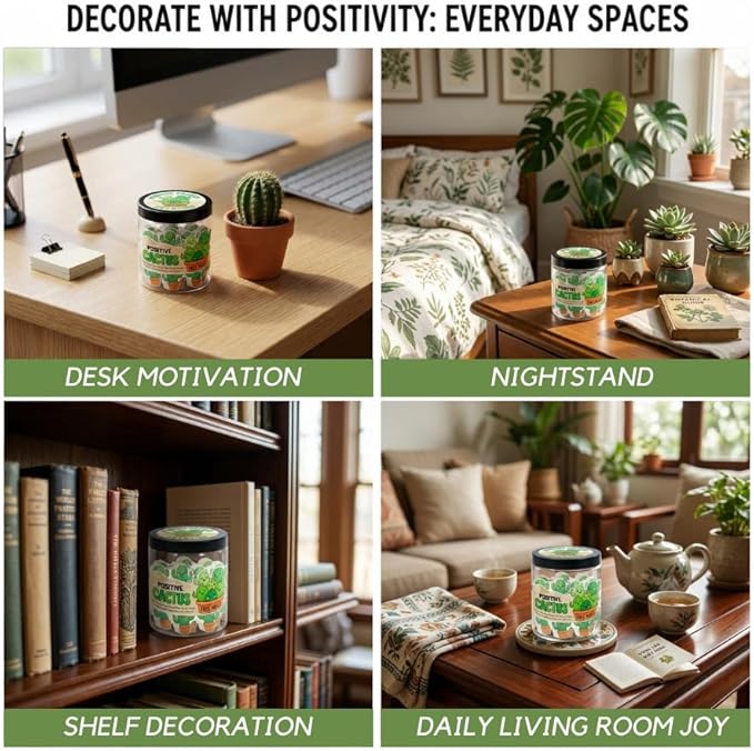 Positive Cactus Jar with 60 Daily Affirmation Cards, Emotional Support Plant Cactus Gifts, Stress Relief, Motivational Gift, Cactus Plushies, Mini Plant Toy Decor, Funny Gifts for Women, Positive Toy