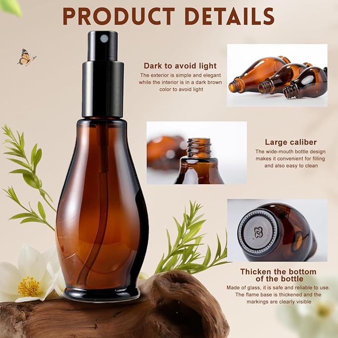 UPSTORE 3PCS Empty Refillable Amber Glass Spray Bottle Jars with Black Cap Cosmetic Vials Sample Packing Storage Containers Fine Mist Sprayer Automizer for Perfume Makeup Water (50ML/1.7oz)