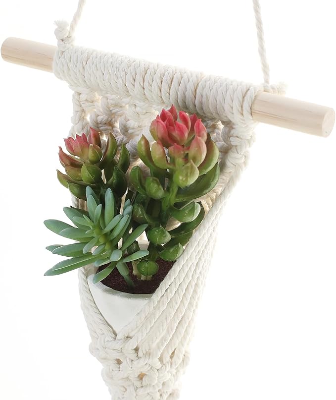 Macrame Wall Hanging with Artificial Succulent Plants, White Cotton Rope, Wooden Dowel, Boho Wall Decor (Succulent 1pcs)