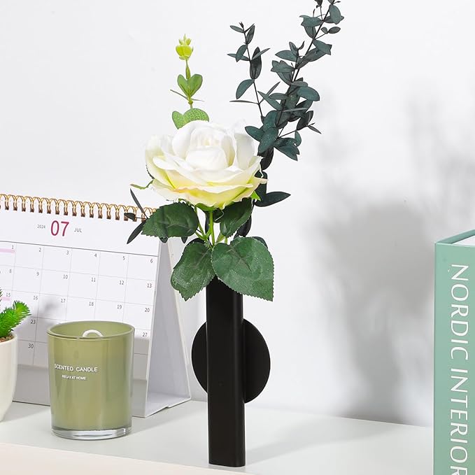 UKCOCO Wall Mounted Flower Vase 6.29In Black Metal – No-Drilling Adhesive Holder Waterproof – for Home Office Bedroom Kitchen Decor for Fresh & Artificial Flowers