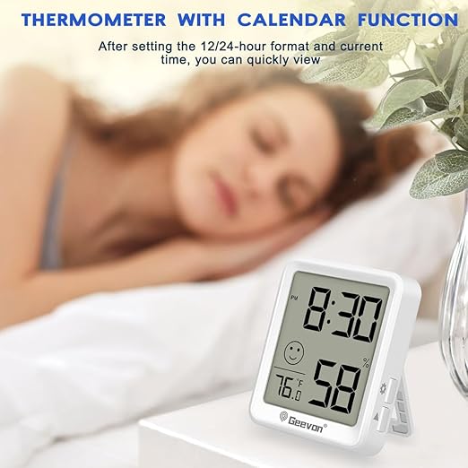 Geevon 2 Pack Mini Digital Hygrometer Gauge Indoor Thermometer with Time Display – LCD Monitor Temperature， Outdoor Humidity Meter for Home House Office Garden and Cellar