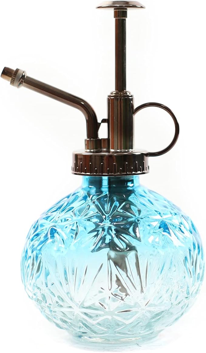 Hniuyun Glass Plant Mister Spray Bottle, 6.5inch Tall Vintage Round Spritzer with Bronze Plastic Top Pump for Watering Your Garden (Blue White Gradient)