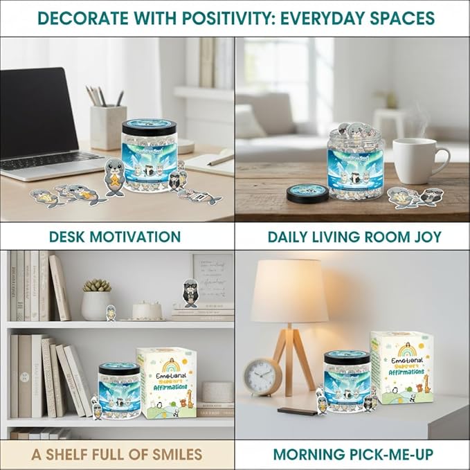 Positive Seal Jar with 60 Affirmation Cards, Emotional Support Seal, Teacher Appreciation Gift, Mental Health and Office Decor, Funny Gift for Boys and Birthdays