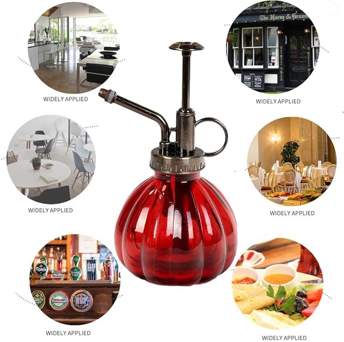 Mr. Glass Water Plant Spray Bottle 6.3 Inch Tall Round Retro Style Pumpkin Shape Moisturizing Atomizer for Plant Fine Mist Cleaning Solution Hairdressing Sprayer Houseplant Red (Red)