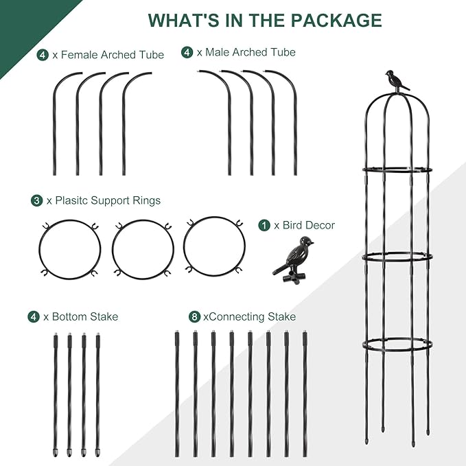 FOLLOOK Garden Trellis Obelisk for Climbing Plants, Lightweight Metal Plant Support for Roses Clematis Vines, Rustproof Decorative Trellis for Outdoor Garden Patio Planter, Black, 2 Pack