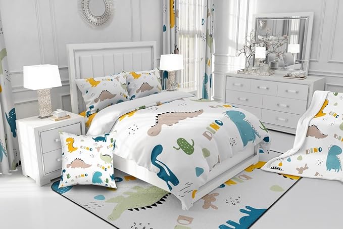 Feelyou Cute Dinosaur Comforter Set Cartoon Cactus Bedding Set Decor Jungle Dino Boho Succulent Comforter Wild Animal Pattern Yellow Grey Duvet Set Bedroom Quilt Set 3Pcs Queen