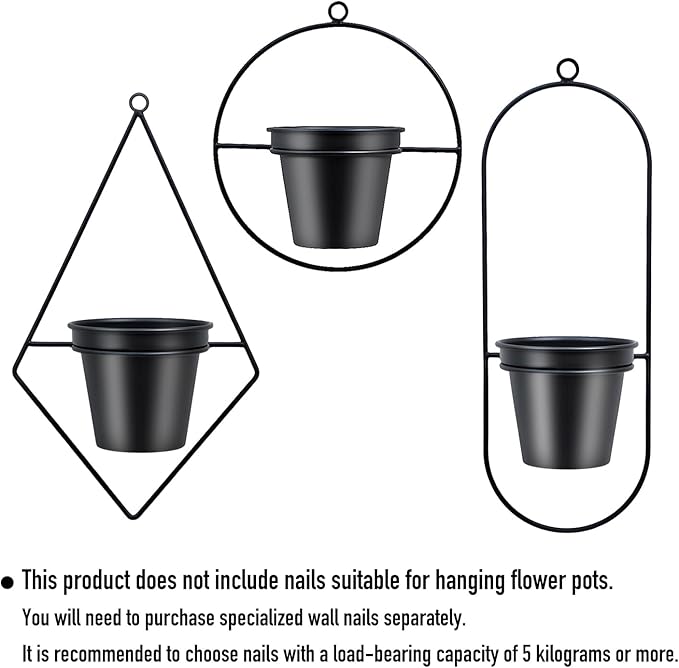 Geometric Wall Planters for Indoor Plants Set of 3 Black Metal Wall Mounted Plant Holder (Diamond & Oval & Round Shapes) with 5 Inch Flower Pots, Modern Hanging Planters for Indoor Decor