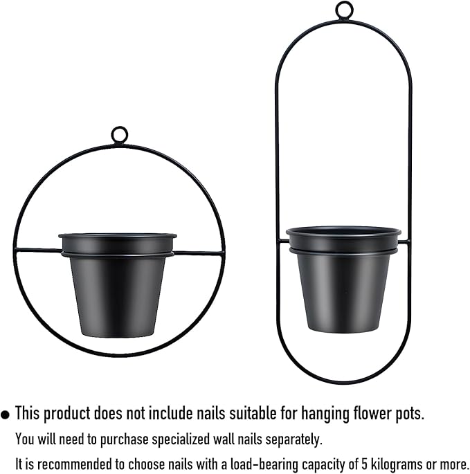 Geometric Wall Planters for Indoor Plants – Set of 2 Black Metal Wall Mounted Plant Holder (Round & Oval Shapes) with 5 Inch Flower Pots, Modern haning planters for Indoor Outdoor Décor