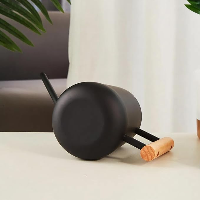 Indoor Watering Can with Long Spout, 34oz Capacity, Black Metal with Wood Handle (Black-Z1)