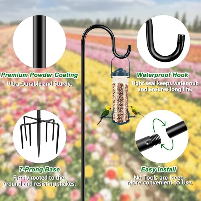 ANIDEER 72" Shepherds Hooks for Outdoor, Heavy Duty Bird Feeder Pole with 7 Base Prongs, Adjustable Garden Hanging Holder for Bird Feeders, Solar Light Lanterns, Garden Plant Hanger Stands, 2 Packs