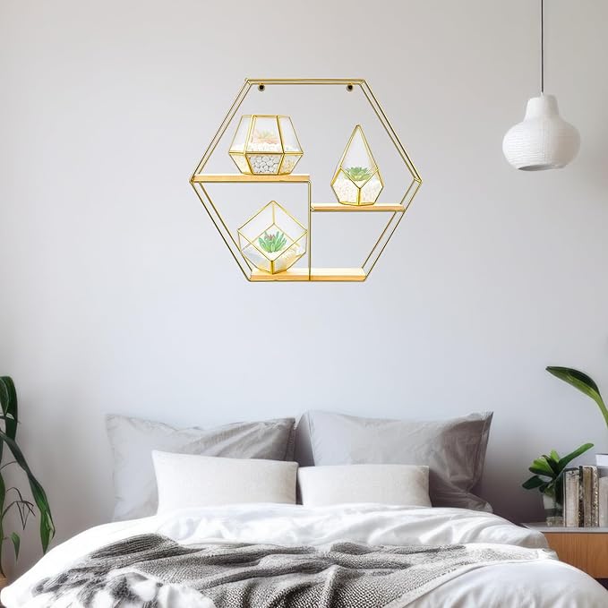 CroBlissful Hexagonal Decorative Metal Wall Shelves Include 3 Pcs Small Open Terrarium Planter Hexagonal Floating Wall Mounted Shelves for Bedroom Living Room Hallway Office Decor