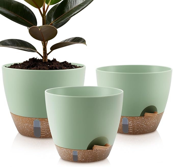 QRRICA Self-Watering Plant Pots with Water Level Indicator, Drainage Holes & Saucers – 12/10/9 Inch Large Plastic Planter Set for Indoor & Outdoor Plants (Green)