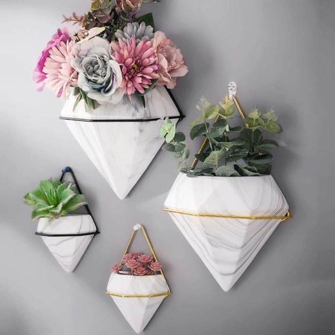 Diamond Wall Planters,Geometric Wall Flower Vases Set,Wall Mounted Plant Holder Vase,Ceramic Air Plants Hanging Holder Pots,Cactus Faux Plant Containers Modern Indoor Decor for Home Office (Golden B)