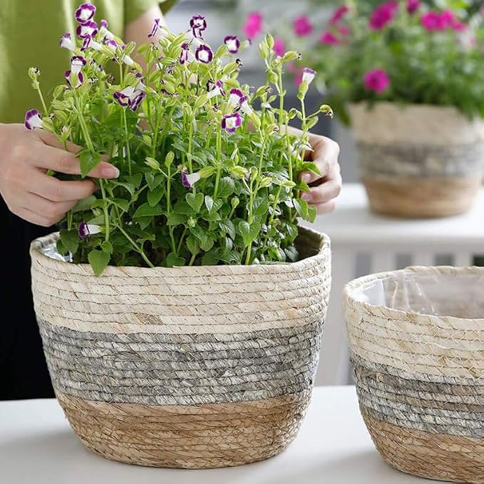 2pcs Woven Flower Baskets Decorative Planters for Use for Desktop Balcony Decoration