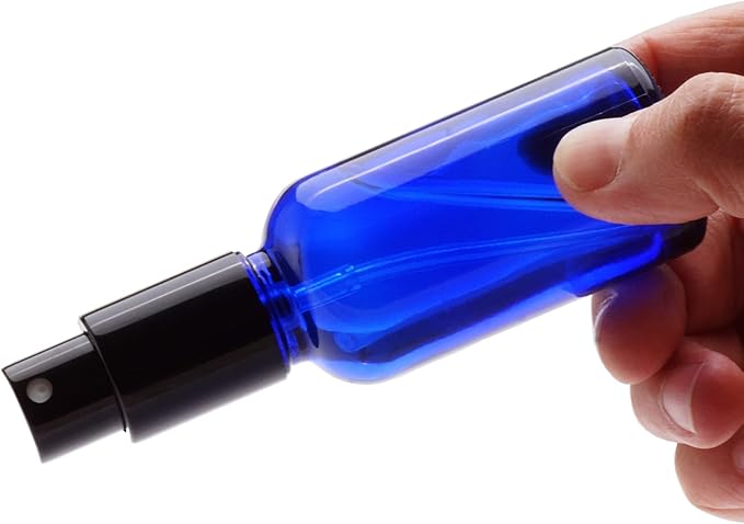 YIZHAO Blue Glass Spray Bottles 2oz, with Small Fine Mist Spray, Metal Cap, Refillable for Essential Oil,Travel,Cleaning,Perfume,Aromatherapy,Makeup – 12 Pcs