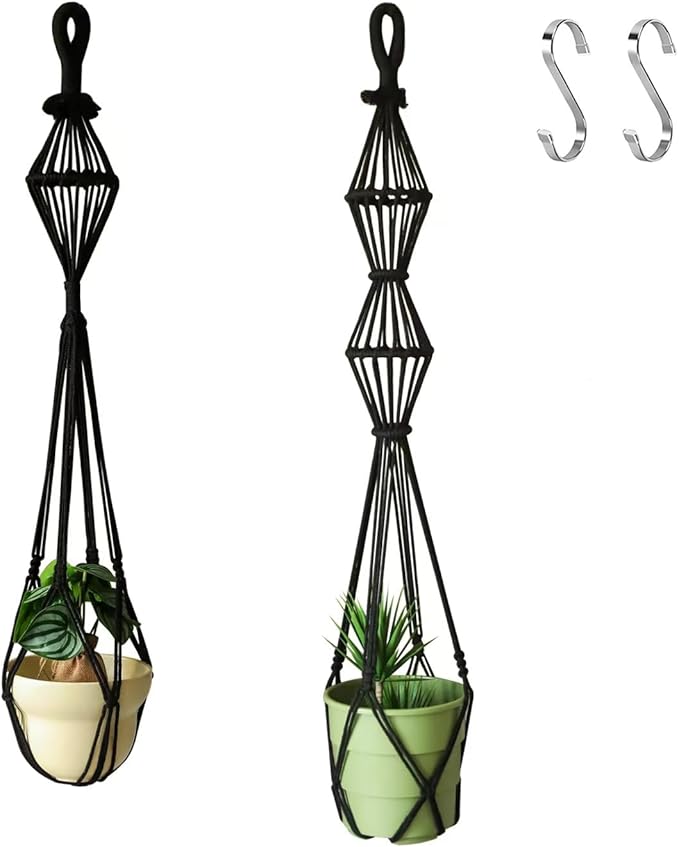 Hourglass Floating Macrame Plant Hangers 2 Pack Handmade Cotton Rope Hanging Planters Basket with S Hooks, Diamond Openwork Boho Home Decor for Indoor Outdoor, Plants Holder 35" & 39” (Black)
