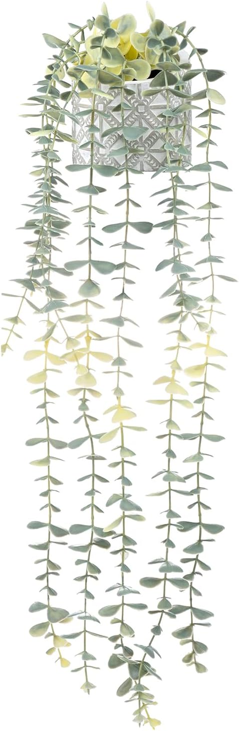 MyGift Wall Mounted Artificial Eucalyptus Plant in Modern Geometric Embossed Pattern Cement Concrete Planter Pot, Fake Faux Decorative Potted Greenery Decor