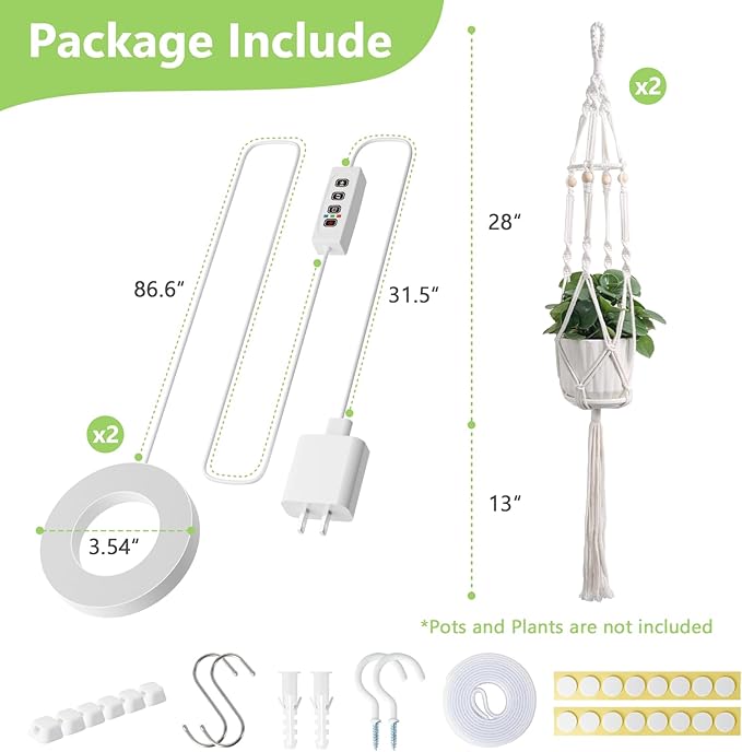 2 Pack Macrame Plant Hanger with Grow Light: Sturdy Hanging Planters for Indoor Plants, Cute Plant Holder with Plant Light, Fits 5–9 Inch Pots (Daylight Spectrum)