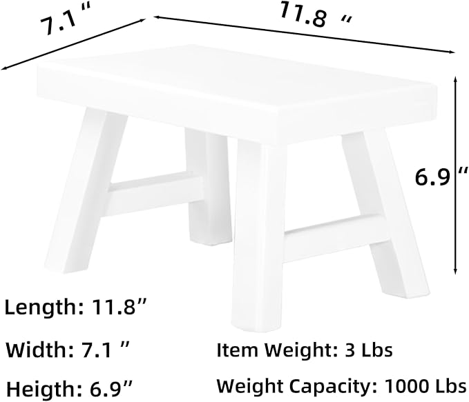 Solid Wood Step Stool for Kids & Toddlers - 11" x 7" x 7.1" Small Wooden Footstool for Bathroom Sink, Kitchen & Office - Sturdy Non-Toxic Decorative Stool - White