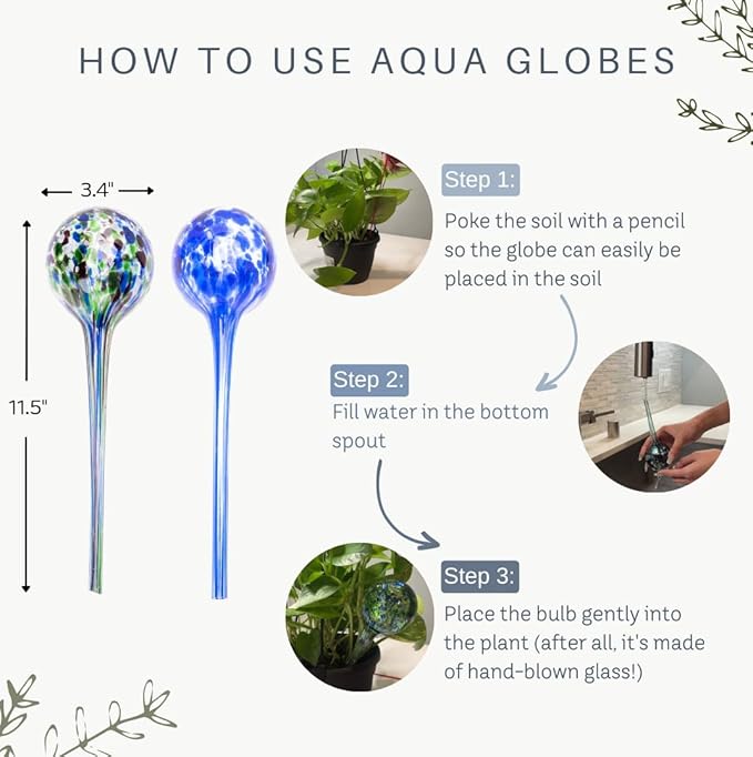 Lexi Home Aqua Globes for Indoor & Outdoor Plants, Self Watering Planters, Hand Blown Glass Watering Can, 2 Pack - Blue