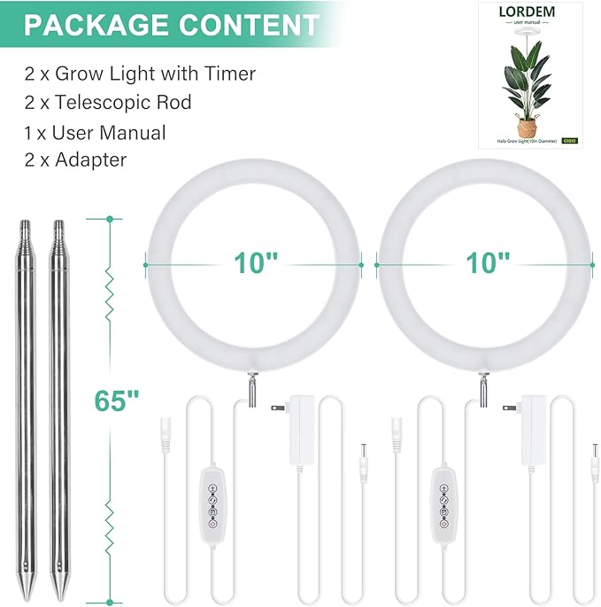 LORDEM 10" Grow Light for Indoor Plants, Full Spectrum Plant Lamp with160 LEDs, 4H/8H/12H Timer, 6 Dimmable Levels, 3 Spectrum Modes, Height Adjustable 65", Ideal for Large Tall Plants, Pack of 2 Pack