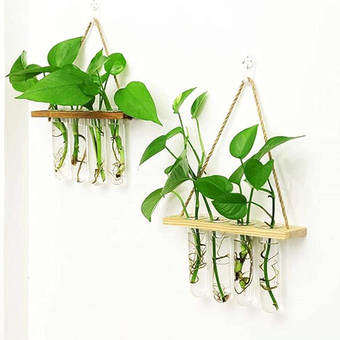 Wall Hanging Planter Terrarium with Wooden Stand, Mini Test Tube Flower Vases Retro Hanging Glass Planter Propagator for Hydroponic Plants Cutting Home Decor, 4 Propagation Tubes