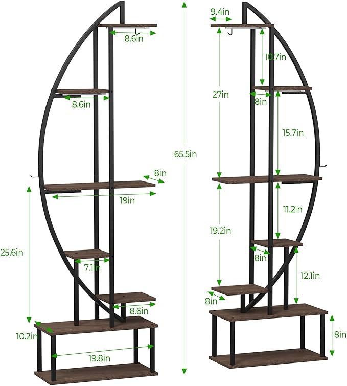 Plant Stand Shelf Indoor with 6 Grow Light, 7 Tiered 65" Tall Black Large Half Moon Lighted Plant Rack Holder, 2 Pack Big High Circular Arch Multi Herb Stand with Built in LED Grow Light Set