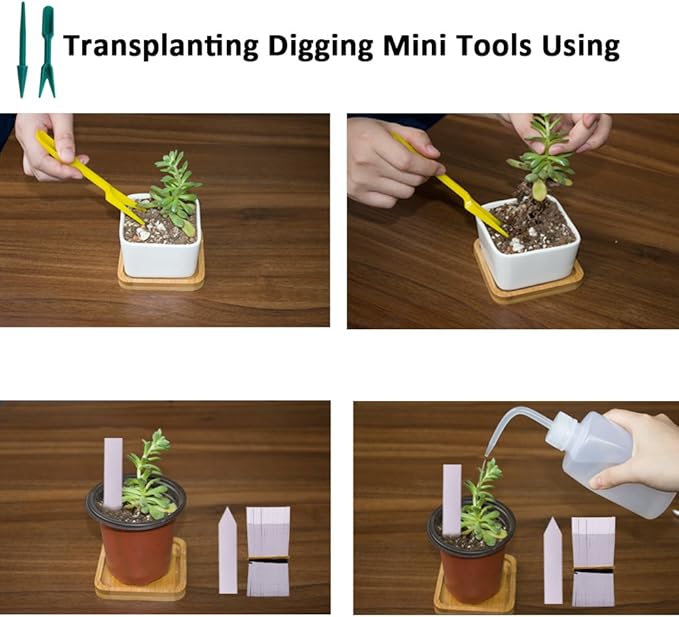 100 Pcs 4" Plastic Seedlings Plants Nursery Pots with 100 Pcs Waterproof Plastic Plant Tags and 2Pcs/Set Transplanting Digging Mini Tools