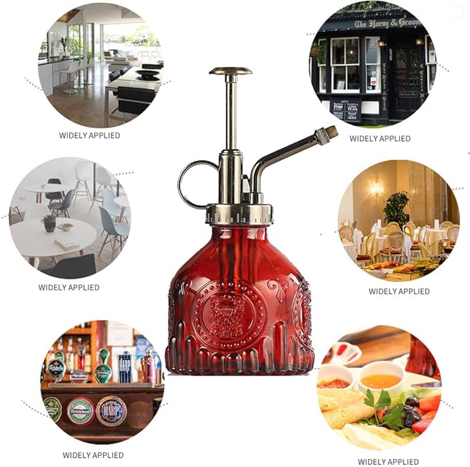 Plant Mister Glass Spray Bottle Small Plant Watering Can 6.4" Tall Retro Indoor Watering Can Bronze Plastic Top Pump for Garden Indoor Plant Sprayer (Red)