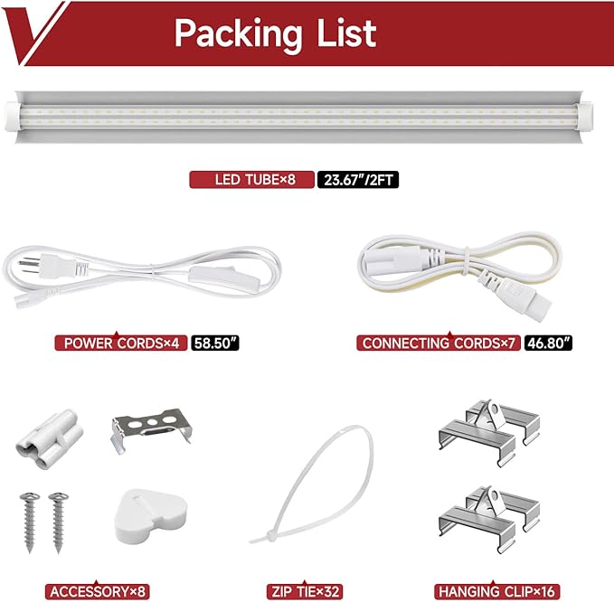 8 Pack LED Grow Light 2FT, 5000K Full Spectrum, 192W(8 x 24W), Linkable Growing Lamp Fixture, T8 Grow Lights for Indoor Plants, Seed Starting, Vegetables