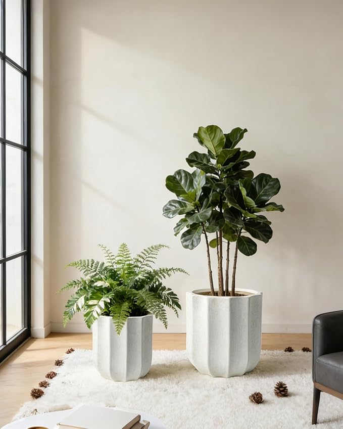 12 Inch Plant Pot – Ceramic Planter with Drainage Hole & Removable Drain Plug, Decorative Flower Pot for Indoor Outdoor Plants, Modern Round Large Planter, Cream White