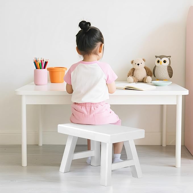 Solid Wood Step Stool for Kids & Toddlers - 11" x 7" x 7.1" Small Wooden Footstool for Bathroom Sink, Kitchen & Office - Sturdy Non-Toxic Decorative Stool - White