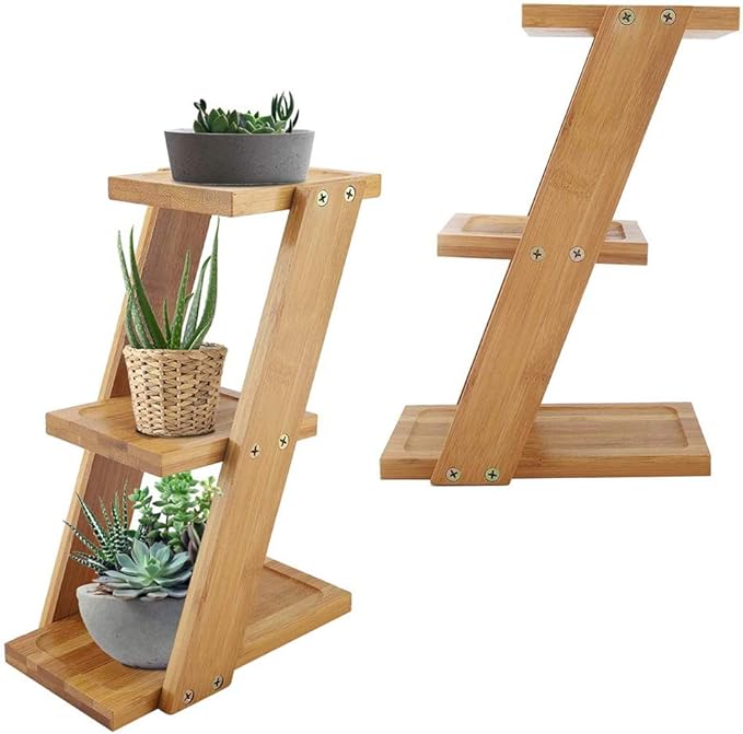 EBTOOLS Small Plant Stand, 3 Tiers Bamboo Desktop Plant Stand , 9.8x7.1x3.6 inch Indoor Outdoor Corner Small Multi Tiered Mini Plant Shelves for Multiple Plants