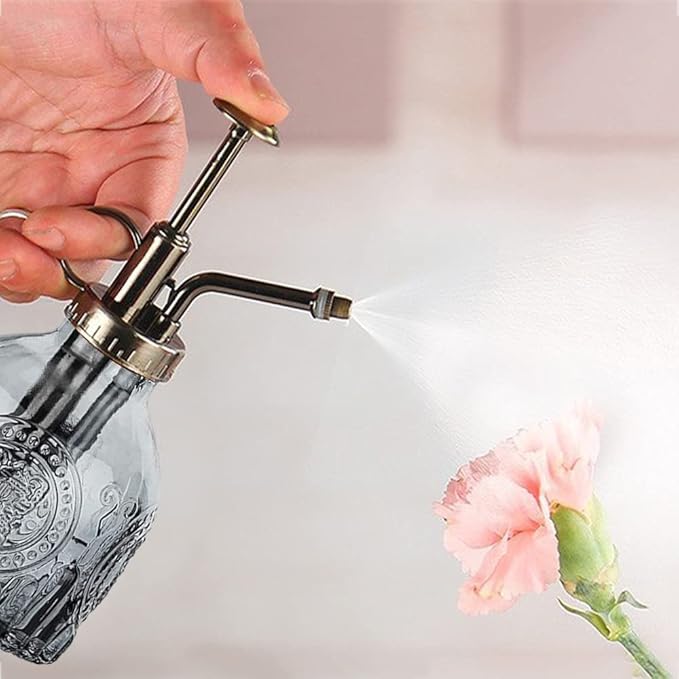 Glass Plant Mister Spray Bottle Indoor Watering Can 6.4inch Tall with Bronze Plastic Top Pump Vintage Small Plant for Outdoor Garden Succulent Flower (Gray)