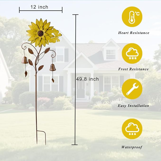 HLQMFHT Sunflower Garden Stake with Bells, Decorative Garden Stakes for Garden Yard Patio Decor