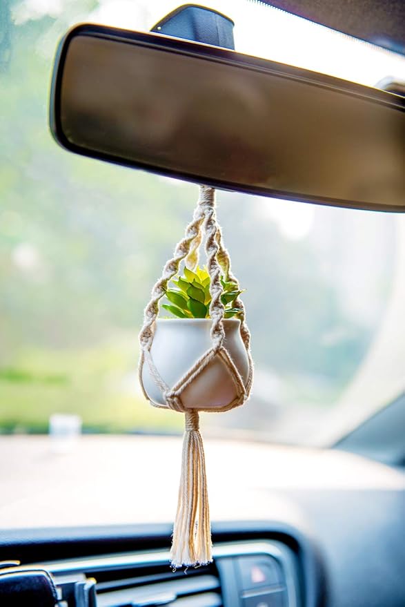 Dahey Mini Macrame Plant Car Accessories Rear View Mirrior Charm Cute Hanging Rearview Car Decor Boho Small Hanger with Artificial Succulent Plants for Plant Lover, 2 Pcs, 10.5 inch, White