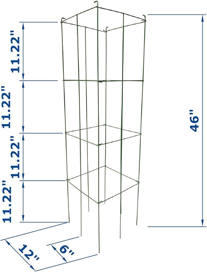MTB Green Square Folding Tomato Cage Plant Support Tower 12 inch by 46 inch, Pack of 5 Sets