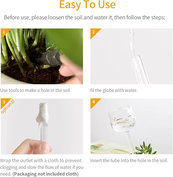 KiKiHeim Automatic Plant Waterer Globes Self Watering Planter Insert Devices System, Hand Blown Clear Glass Water Bulbs for Indoor&Outdoor, 6.4oz/190ml Capacity, 3 Cats